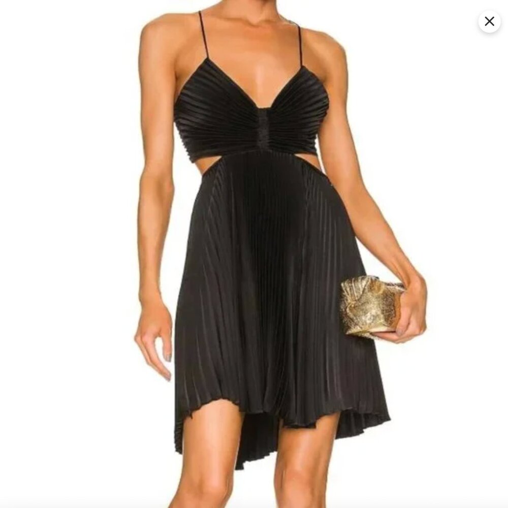 A.L.C. NWT Ari Pleated Satin Mini Dress in Black - Picture 2 of 5